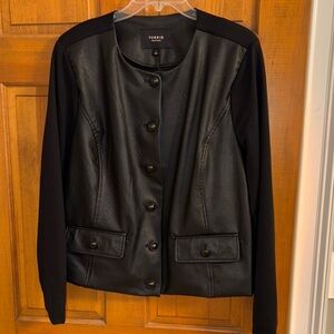 Torrid collarless faux leather front blazer, fabric sleeves and back size 1